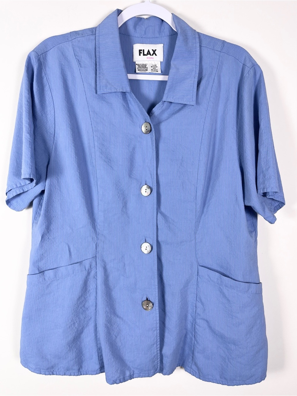 Flax Short-Sleeve Button Front Top Size Medium Capsule Minimalist Lagenlook
